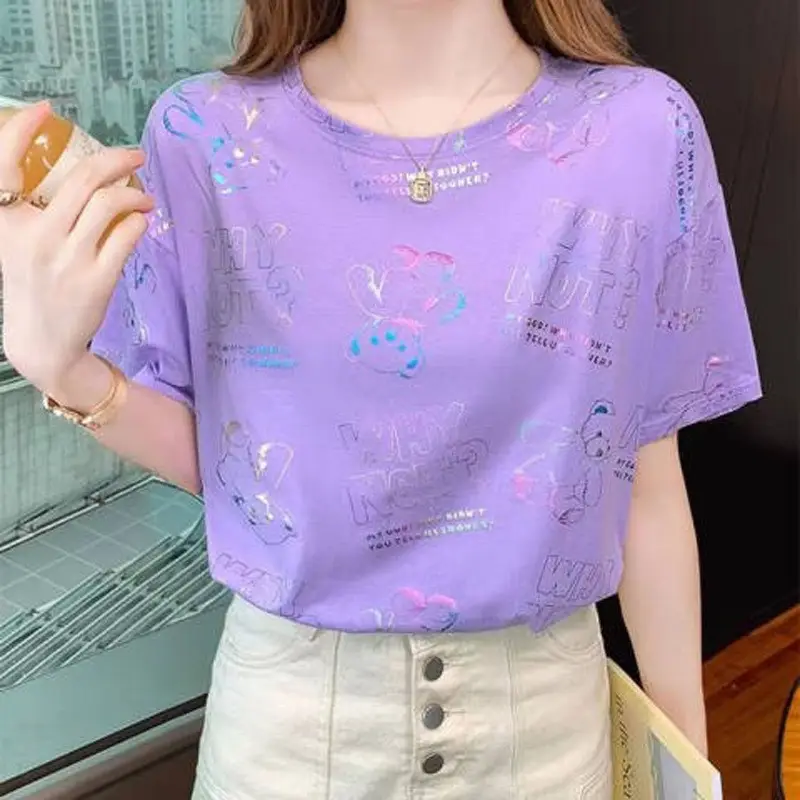2022 Korean Style Orange T-Shirt Women Loose Cotton Summer Top - Image 4