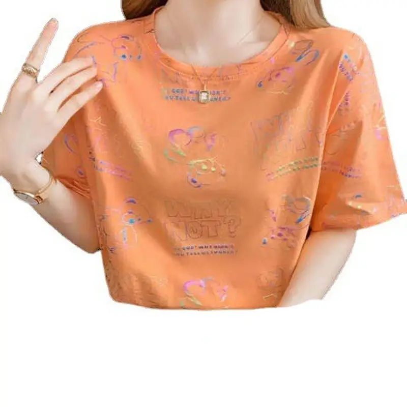 2022 Korean Style Orange T-Shirt Women Loose Cotton Summer Top - Image 6