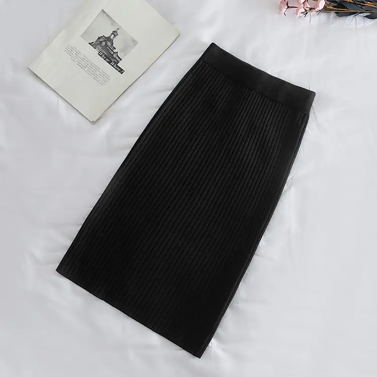 Black Knitted Wool Mid-Length Skirt for Girls