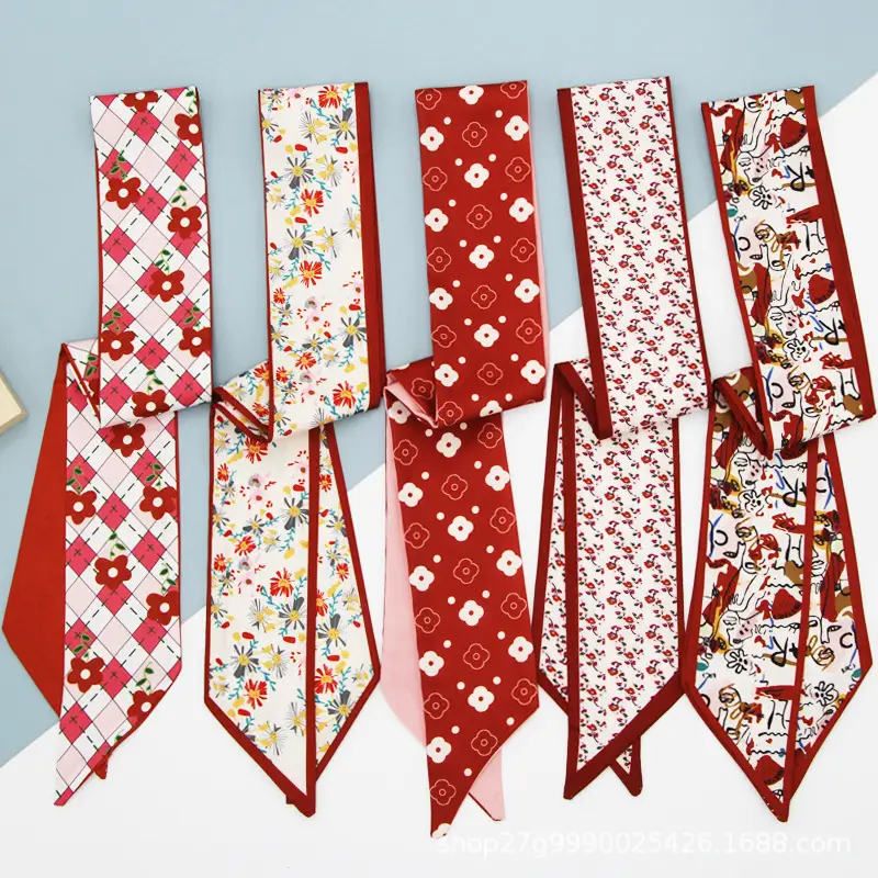 Long All-match Silk Scarf with Tie Hair Belt Bow Letter Floral Ribbon - Image 27