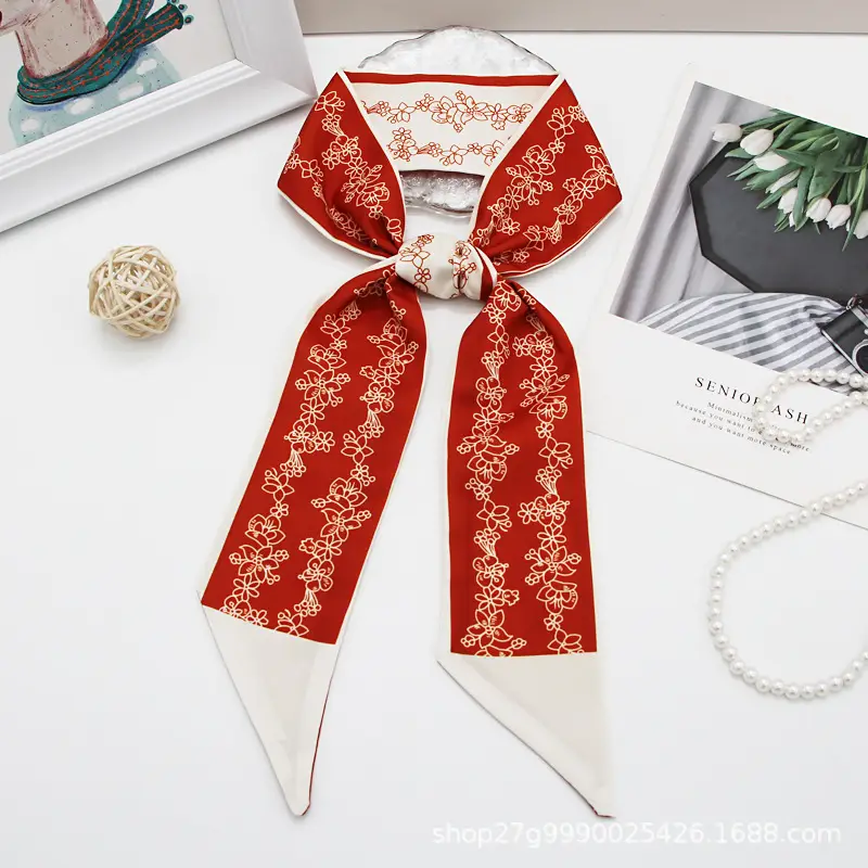 Long All-match Silk Scarf with Tie Hair Belt Bow Letter Floral Ribbon - Image 6