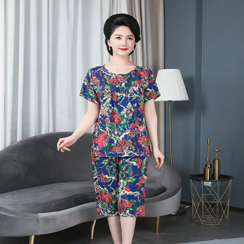 Mother's Cotton Silk Floral Short Sleeve Suit Plus Size