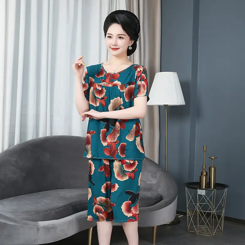 Mother's Cotton Silk Floral Short Sleeve Suit Plus Size