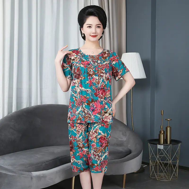 Mother's Cotton Silk Floral Short Sleeve Suit Plus Size