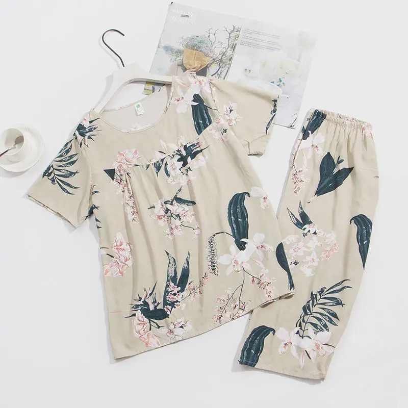 Mother's Cotton Silk Floral Short Sleeve Suit Plus Size