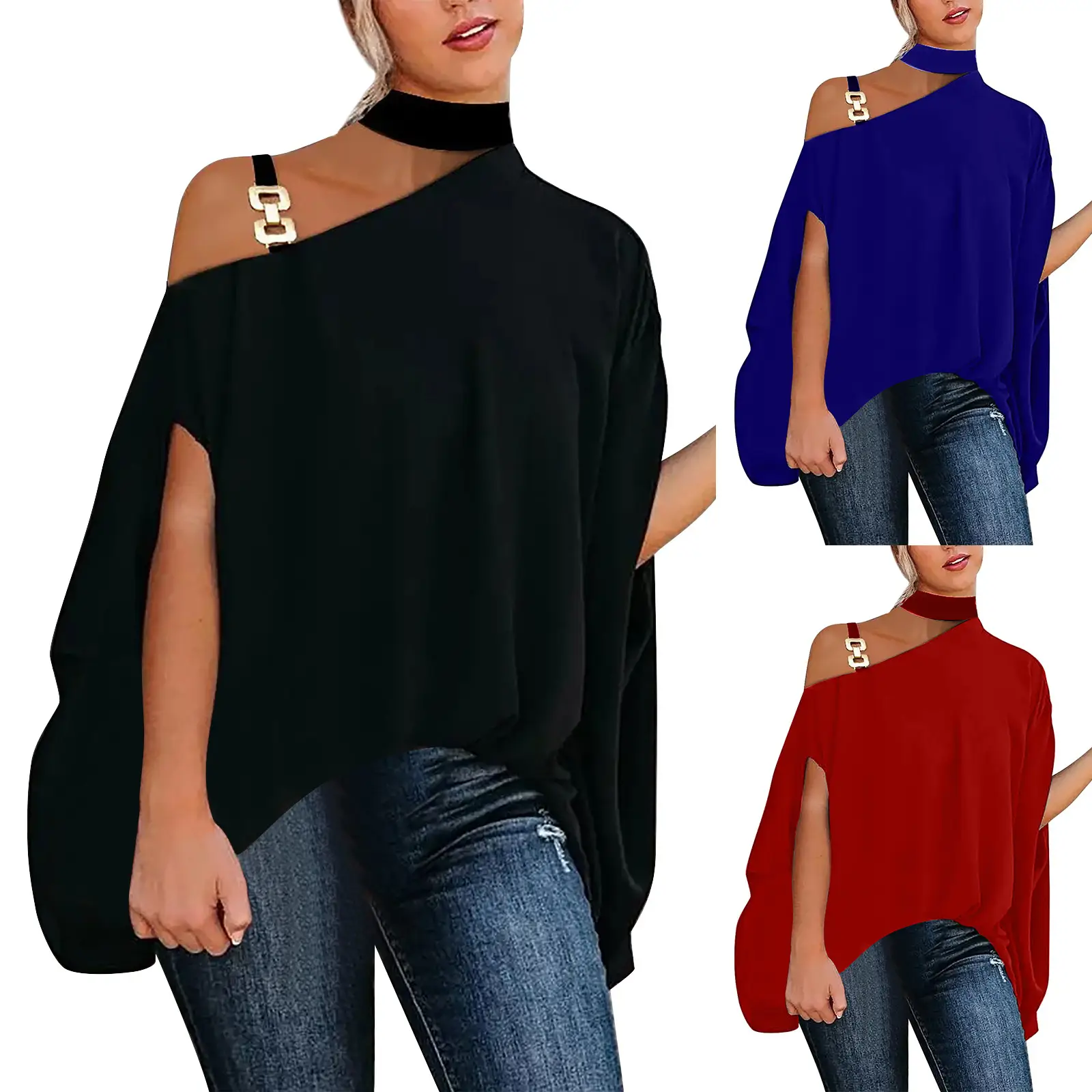 Women's Blue Oblique Shoulder Top with Chain Strap - Image 3