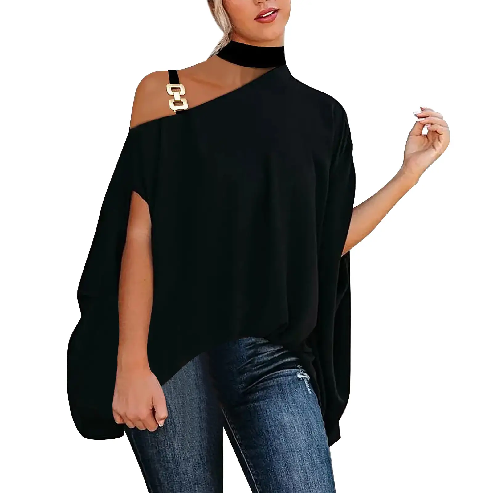 Women's Blue Oblique Shoulder Top with Chain Strap - Image 4