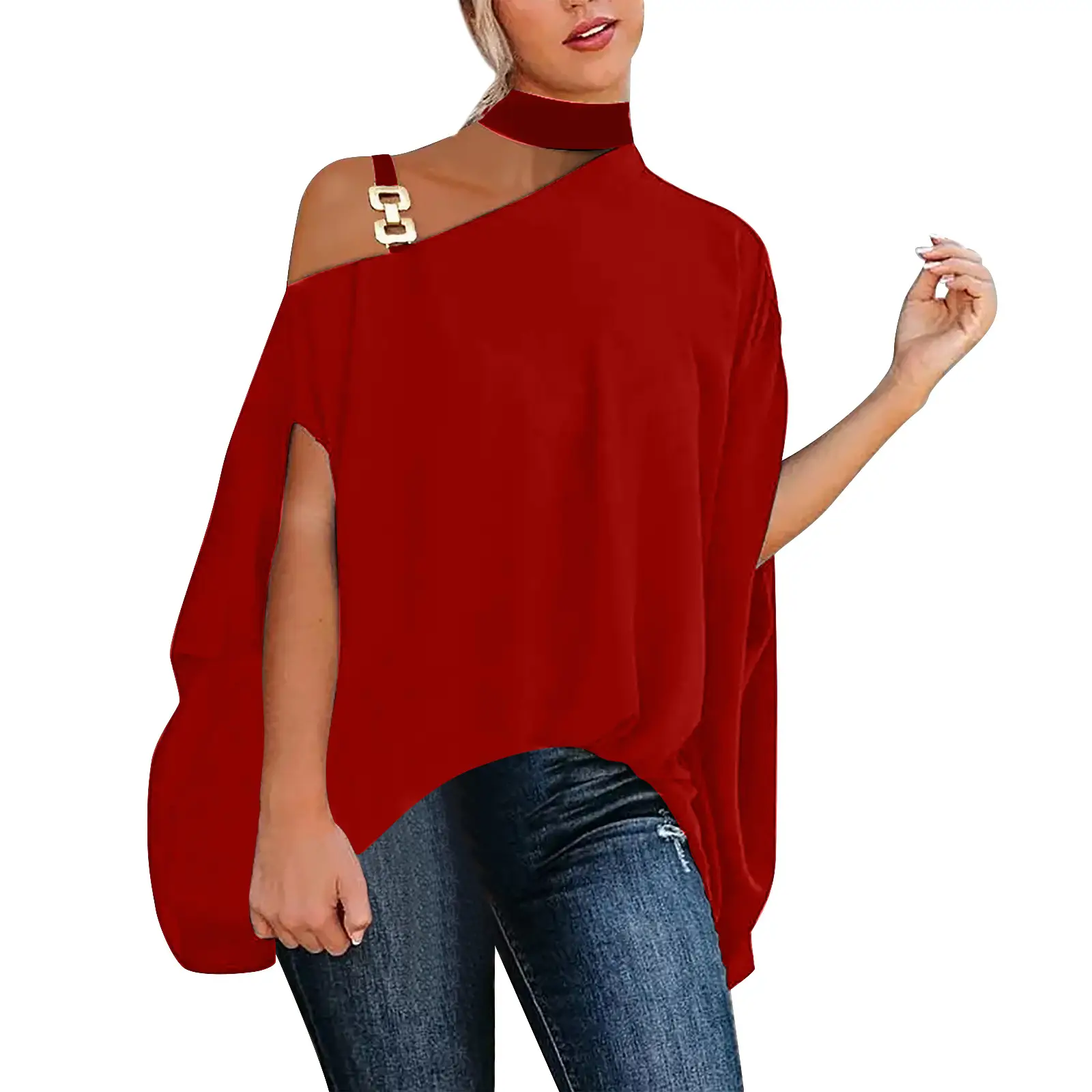 Women's Blue Oblique Shoulder Top with Chain Strap - Image 6