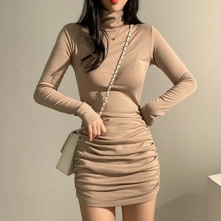 Women Fleece Hip Dress Grey Slim Fit Long Sleeve