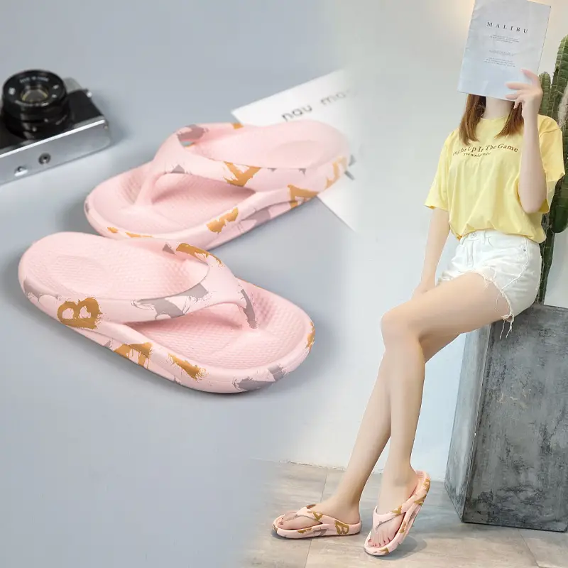Pink Korean Style Women's Flip Flops Soft Bottom Beach Wear