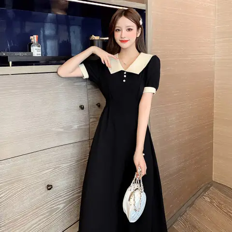 Black Belted French Retro Dress for Women - Image 5