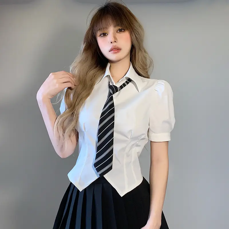 Women's White Short-Sleeve JK Shirt with Striped Tie