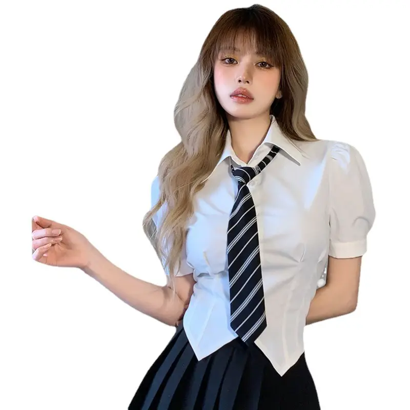 Women's White Short-Sleeve JK Shirt with Striped Tie