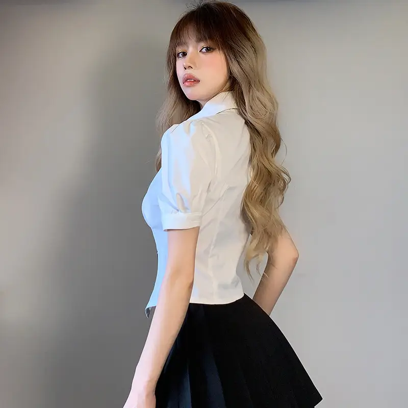 Women's White Short-Sleeve JK Shirt with Striped Tie — feature 5
