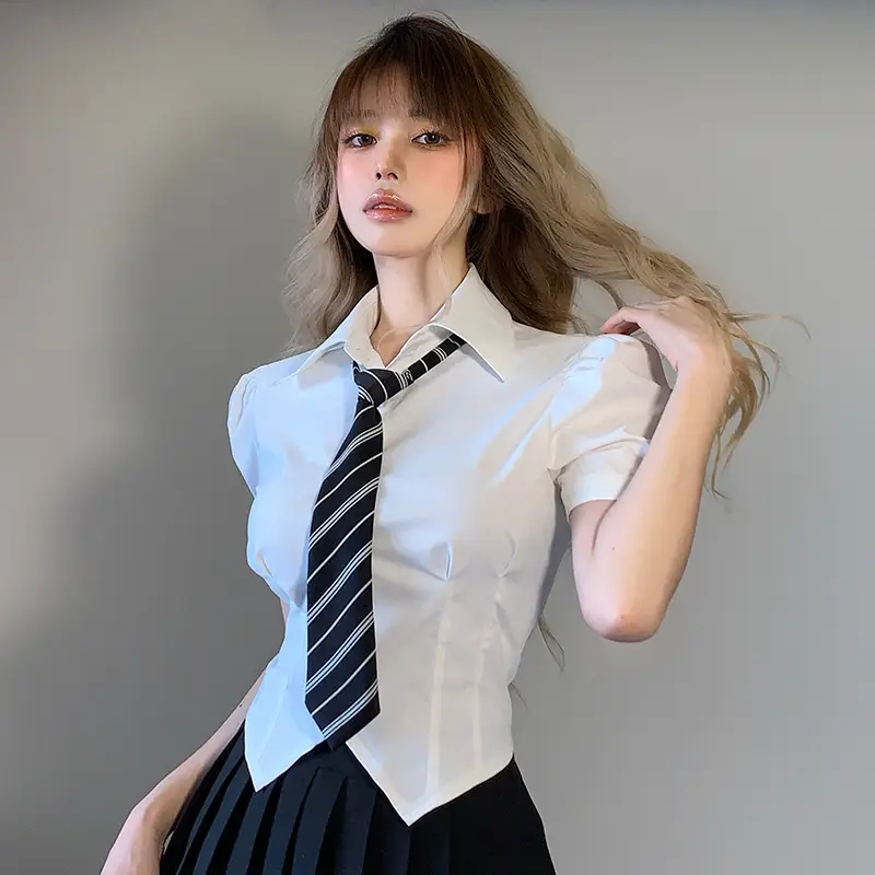 Women's White Short-Sleeve JK Shirt with Striped Tie — feature 7