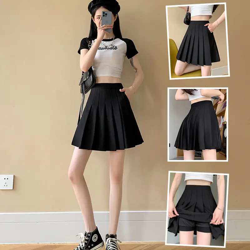 Black Pleated Skirt with Flap Pocket High Waist Summer Dress - Image 7
