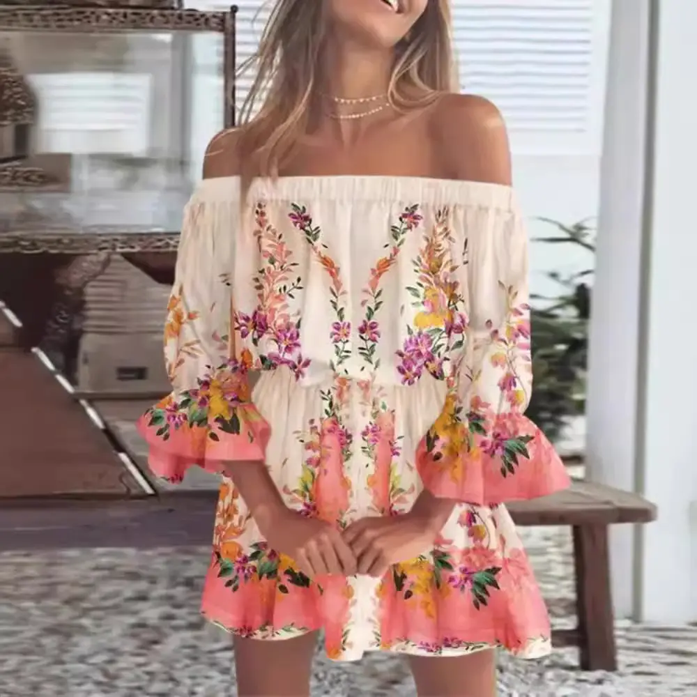 Women Off-Shoulder A-Line Dress Puff Sleeves Summer - Image 7