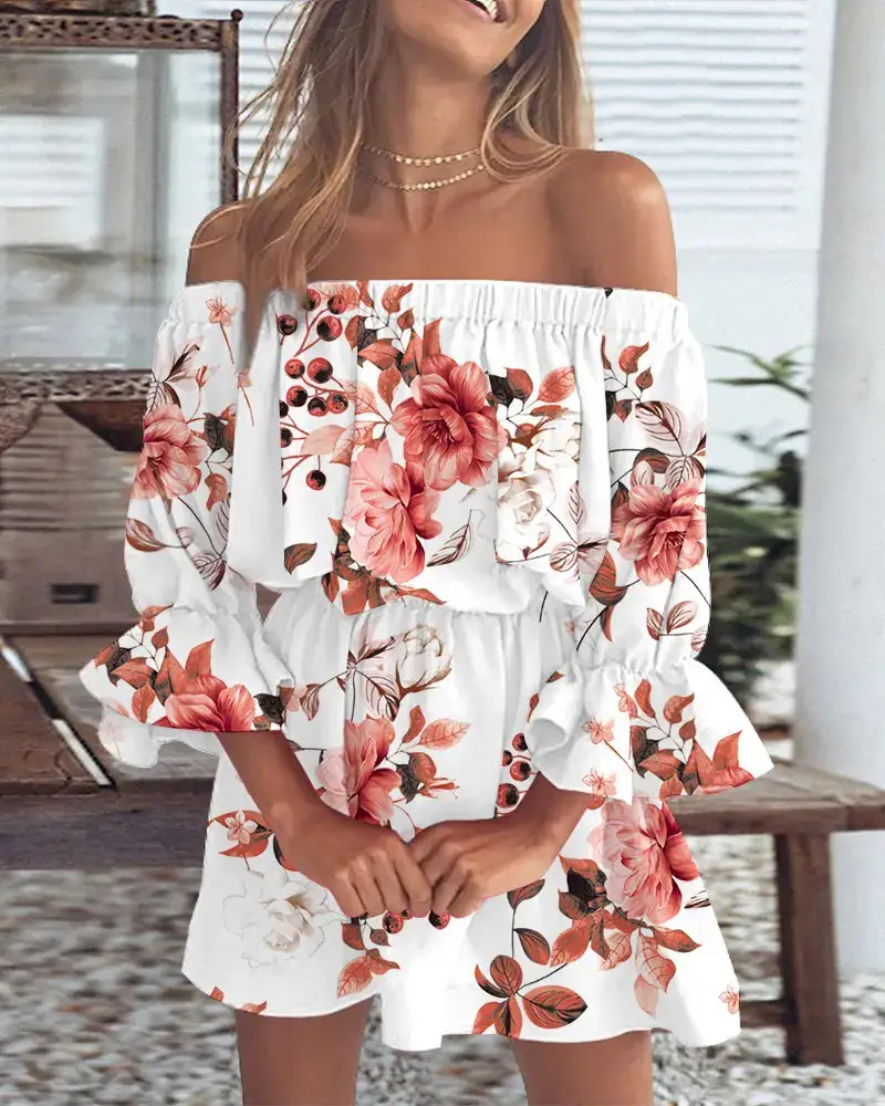 Women Off-Shoulder A-Line Dress Puff Sleeves Summer - Image 3