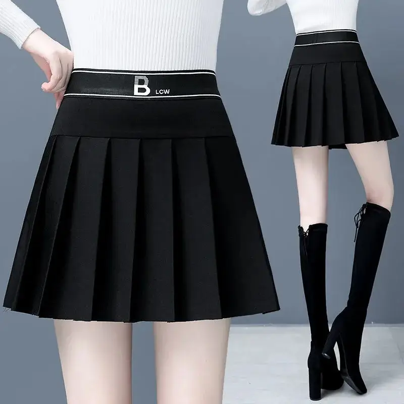 Black Pleated Skirt Women High Waist Slimming