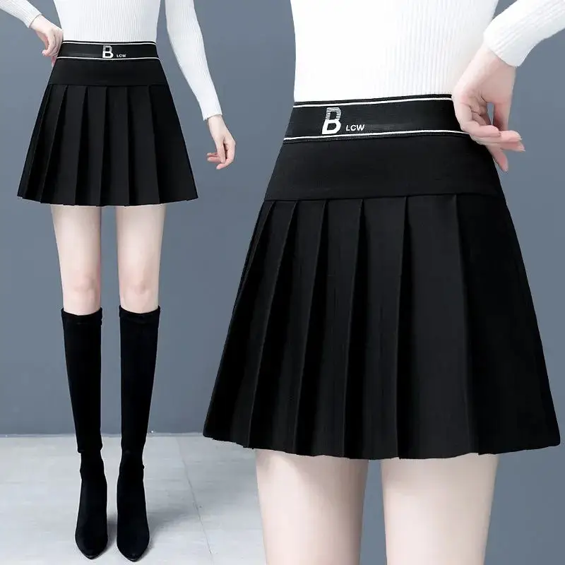 Black Pleated Skirt Women High Waist Slimming