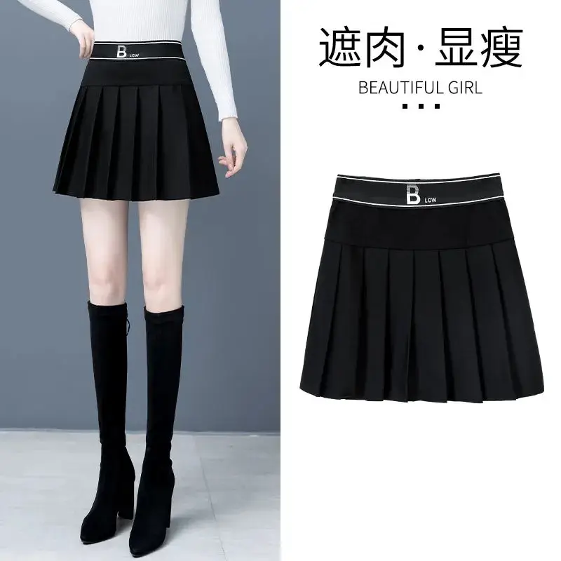 Black Pleated Skirt Women High Waist Slimming