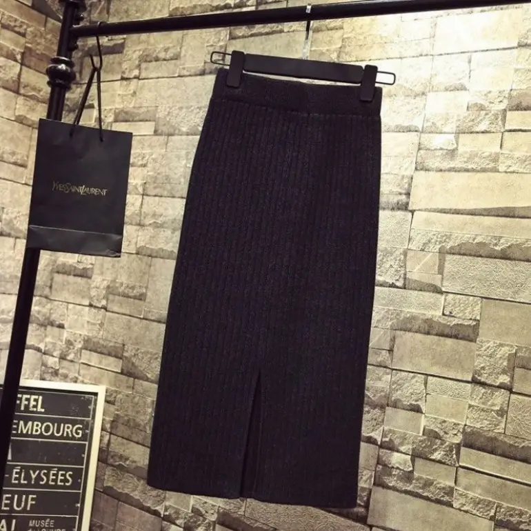 Women Knitted Wool Hip Skirt Long Split All Match - Image 10