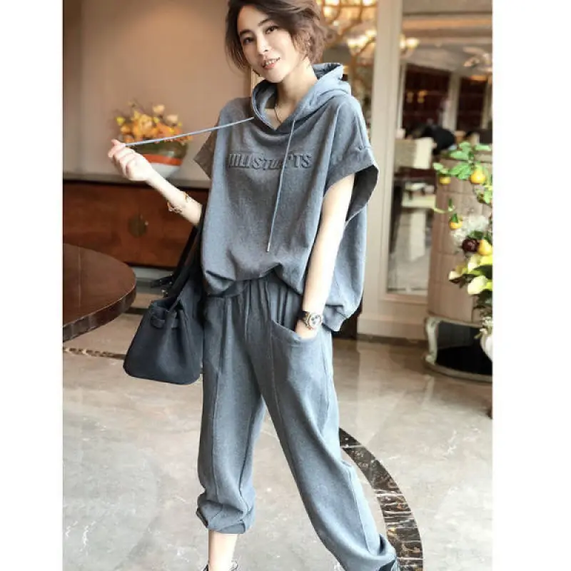 Women Grey Hooded Sweatshirt Set Large Casual Pants