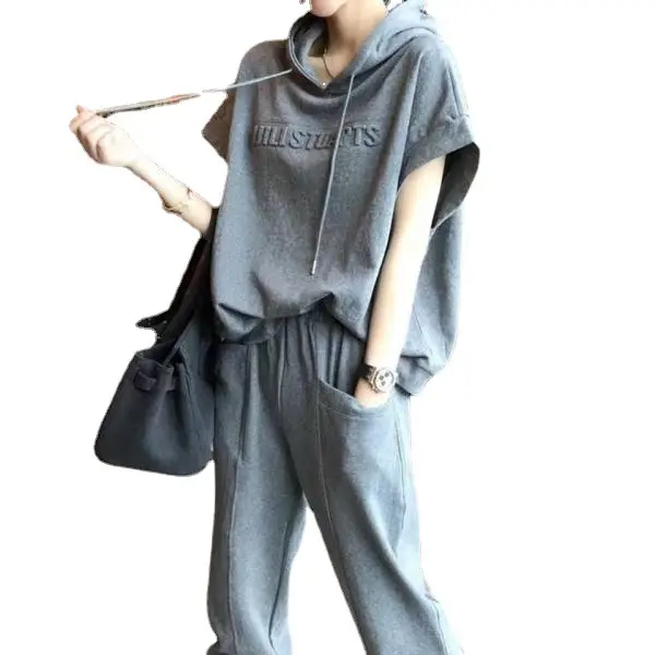 Women Grey Hooded Sweatshirt Set Large Casual Pants
