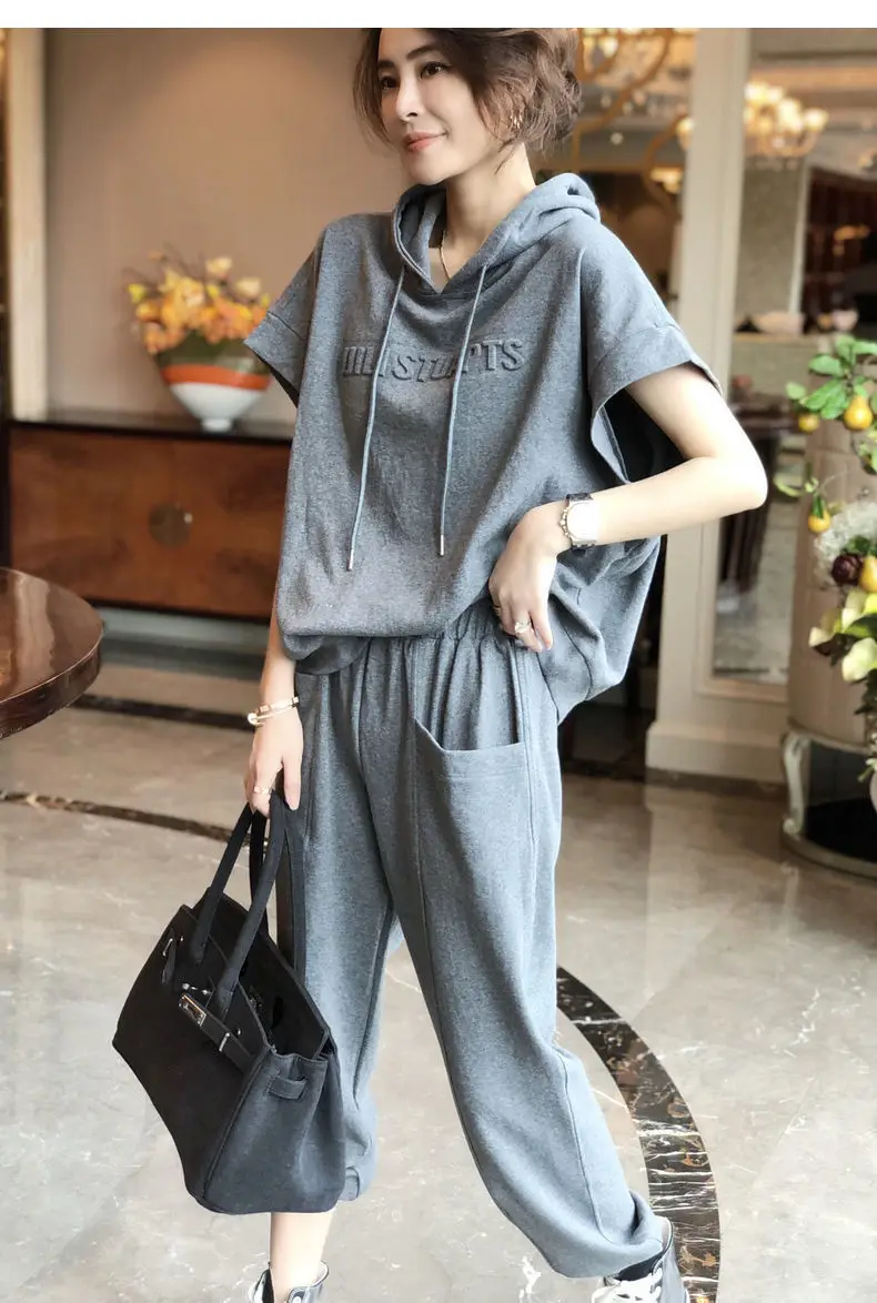 Women Grey Hooded Sweatshirt Set Large Casual Pants — feature 14