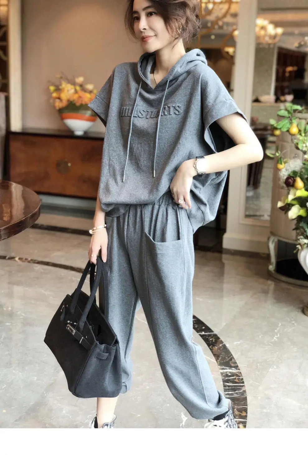 Women Grey Hooded Sweatshirt Set Large Casual Pants — feature 5