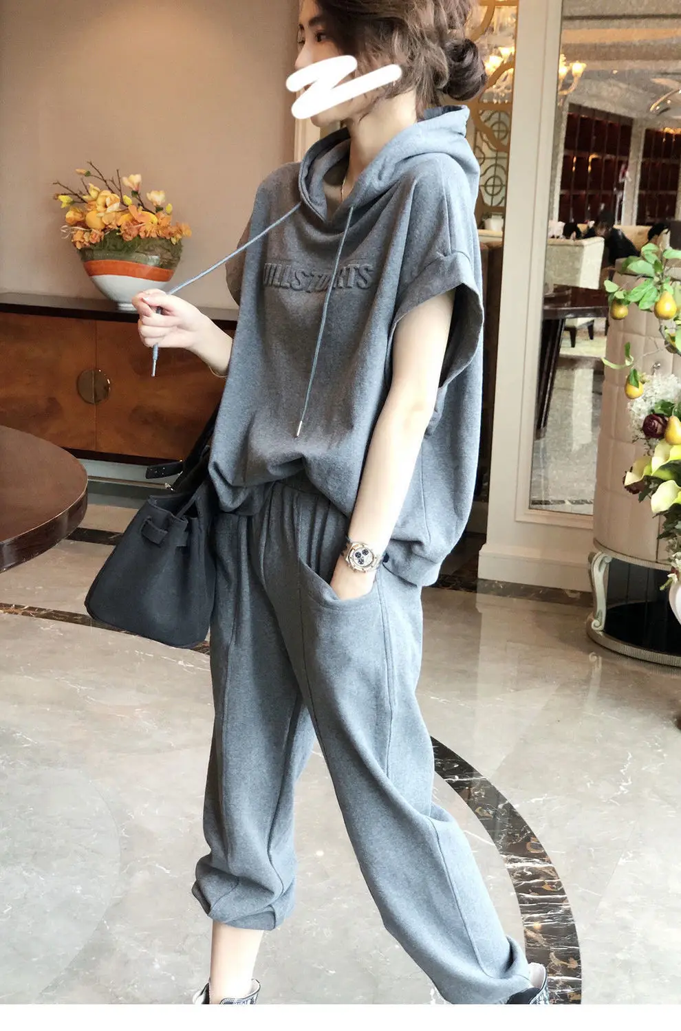 Women Grey Hooded Sweatshirt Set Large Casual Pants — feature 7