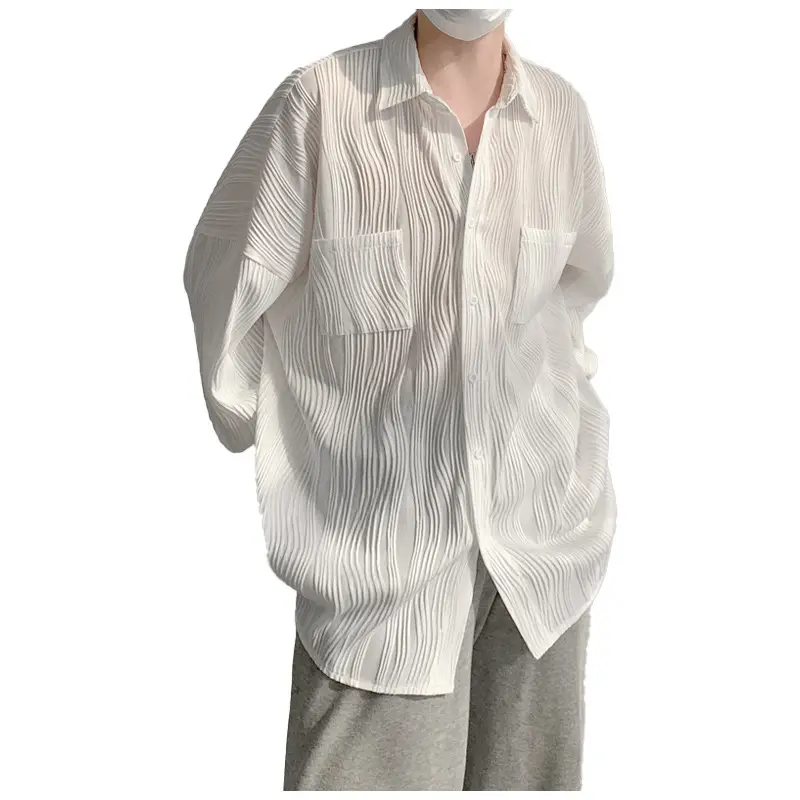 Men's White Pleated Long Sleeve Ins Shirt with Ice Silk Fabric - Image 5