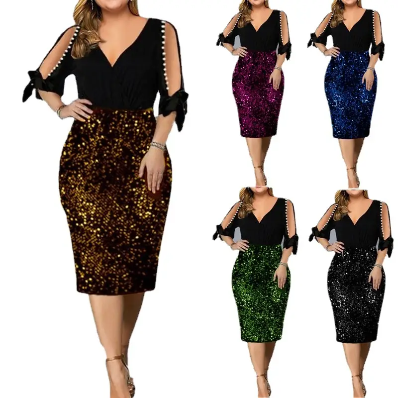 Black Sequin V-Neck Women's Dress Large