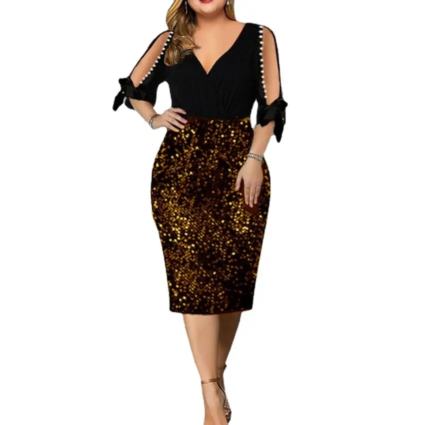 Black Sequin V-Neck Women's Dress Large
