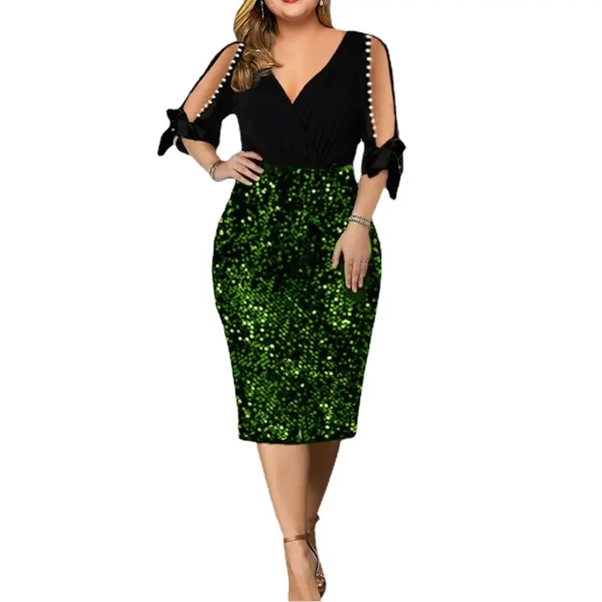 Black Sequin V-Neck Women's Dress Large