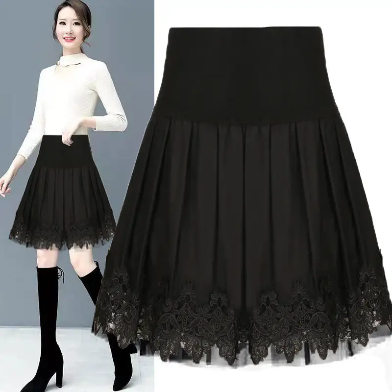 Black High Waist Pleated Skirt with Lace Base Large Size - Image 2