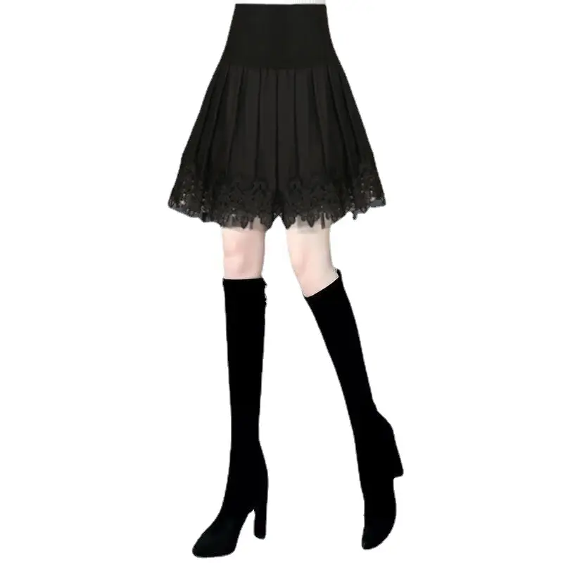 Black High Waist Pleated Skirt with Lace Base Large Size - Image 5