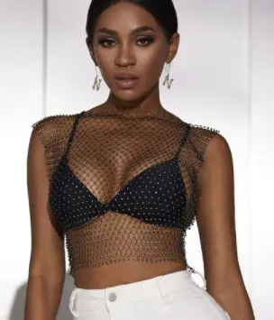 Orange Mesh Rhinestone Long Sleeve Top for Women — feature 1