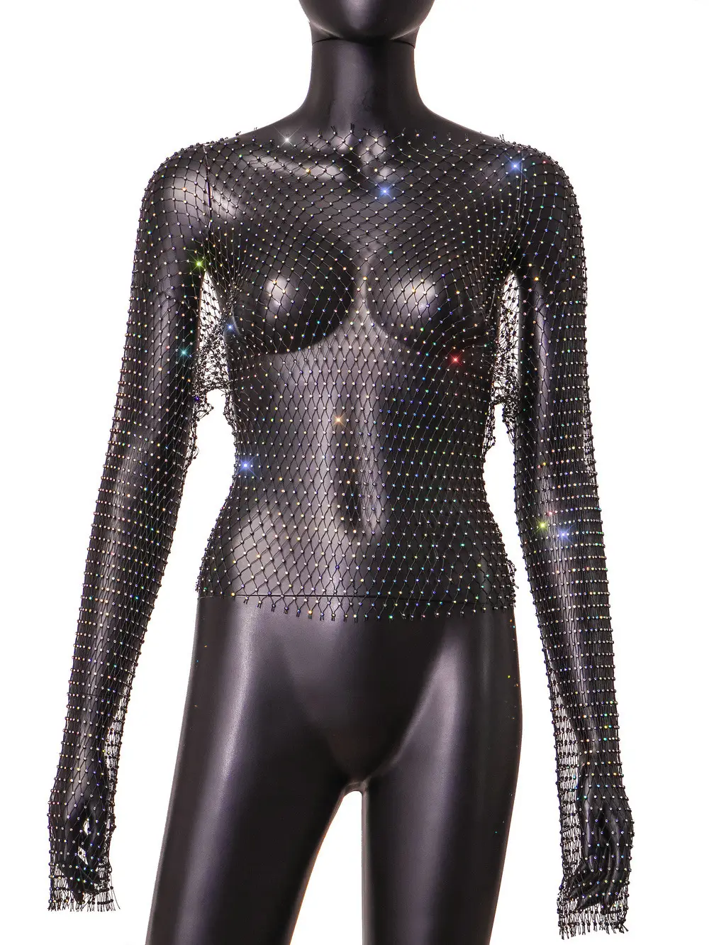 Orange Mesh Rhinestone Long Sleeve Top for Women - Image 13