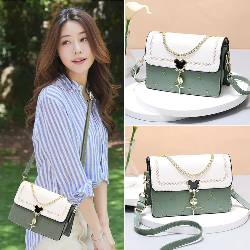 Women's Black White Crossbody Bag with Gold Chain & Dots Design
