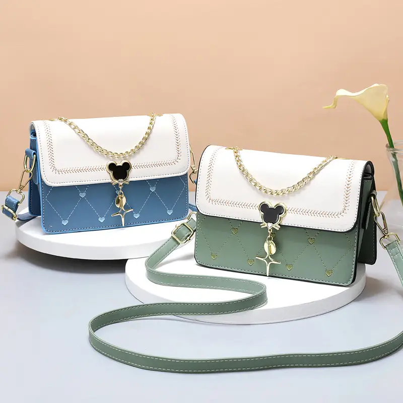 Women's Black White Crossbody Bag with Gold Chain & Dots Design