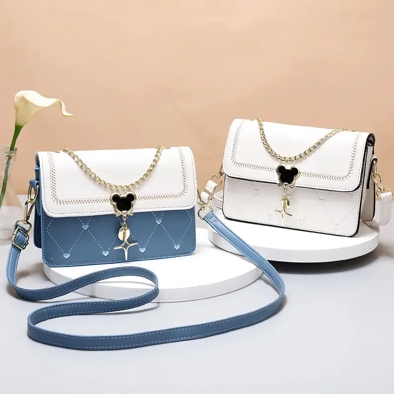 Women's Black White Crossbody Bag with Gold Chain & Dots Design