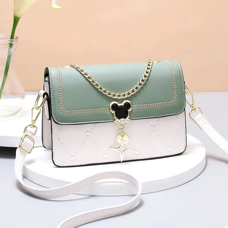 Women's Black White Crossbody Bag with Gold Chain & Dots Design