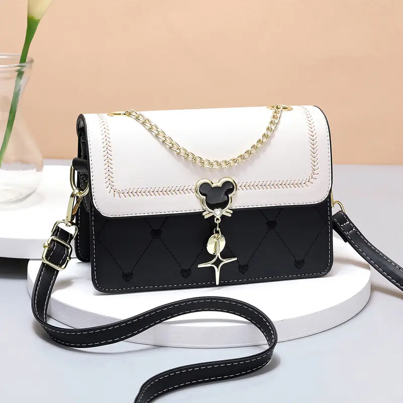 Women's Black White Crossbody Bag with Gold Chain & Dots Design