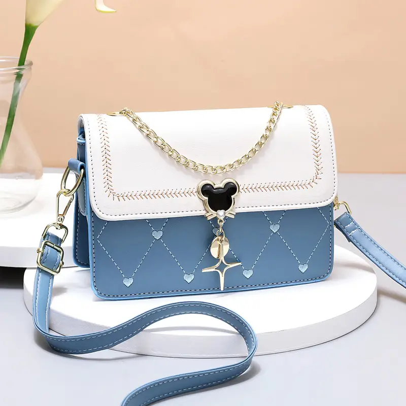 Women's Black White Crossbody Bag with Gold Chain & Dots Design