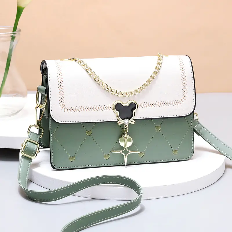 Women's Black White Crossbody Bag with Gold Chain & Dots Design