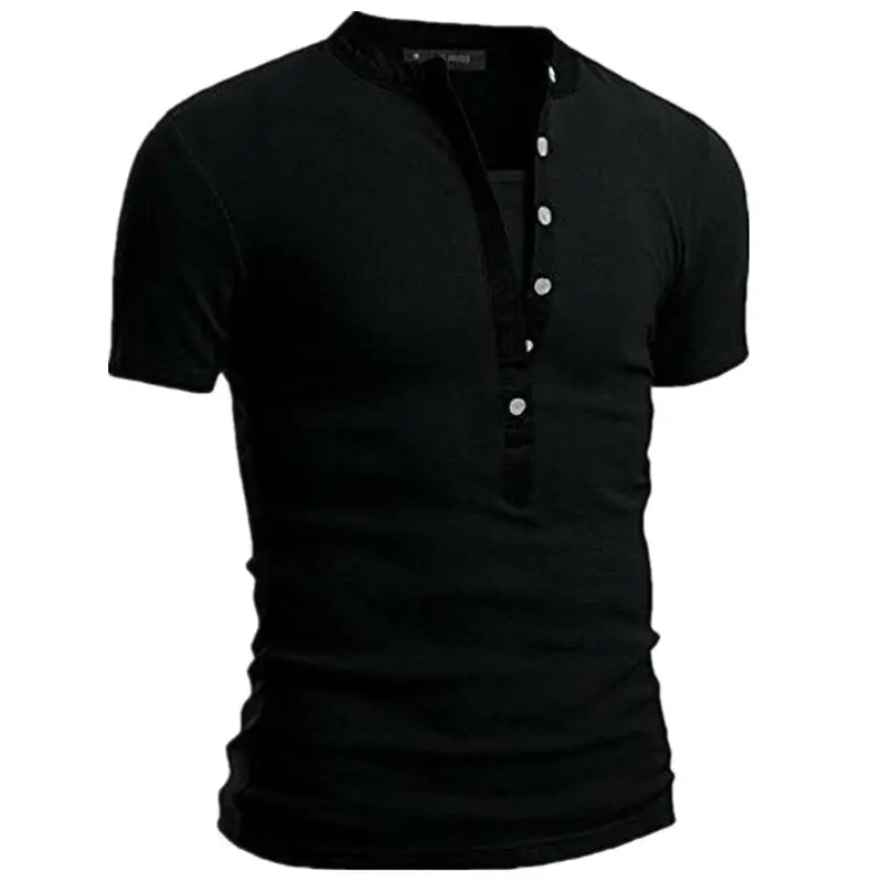Men V-Button Slim Fit T-Shirt Blue - Image 2