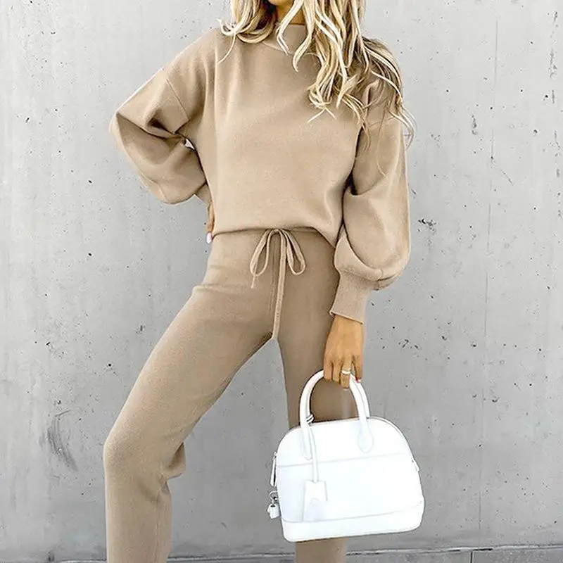2022 Women Sweatshirt Set Beige High Collar Pants - Image 12