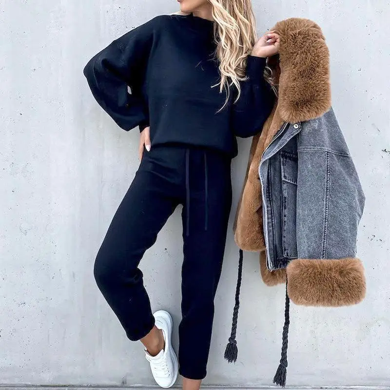 2022 Women Sweatshirt Set Beige High Collar Pants — feature 40