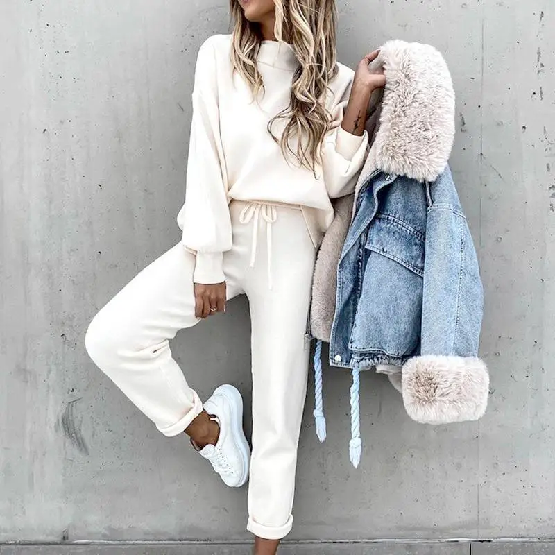 2022 Women Sweatshirt Set Beige High Collar Pants — feature 44